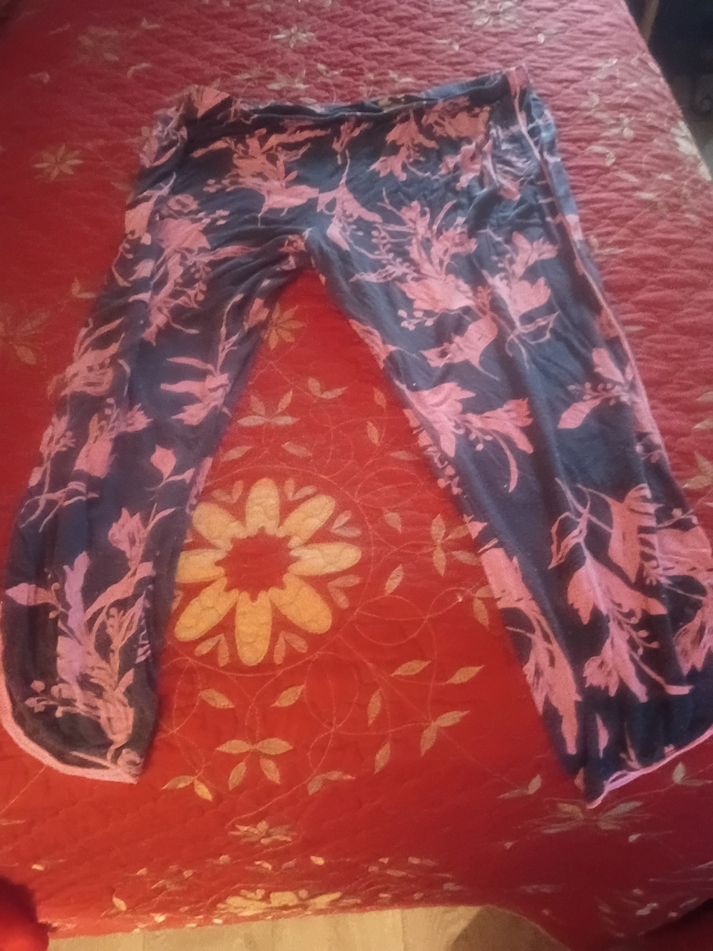 Navy Floral Print Leggings Capris with Pink Flowers